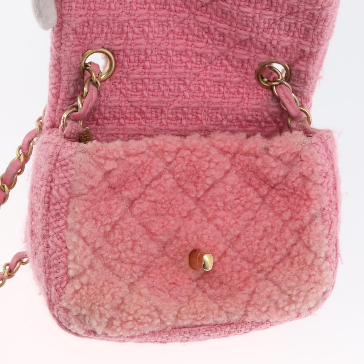 CHANEL Mini Matelasse 15 Chain Shoulder Bag Wool Pink Gold CC Auth 173407SAM