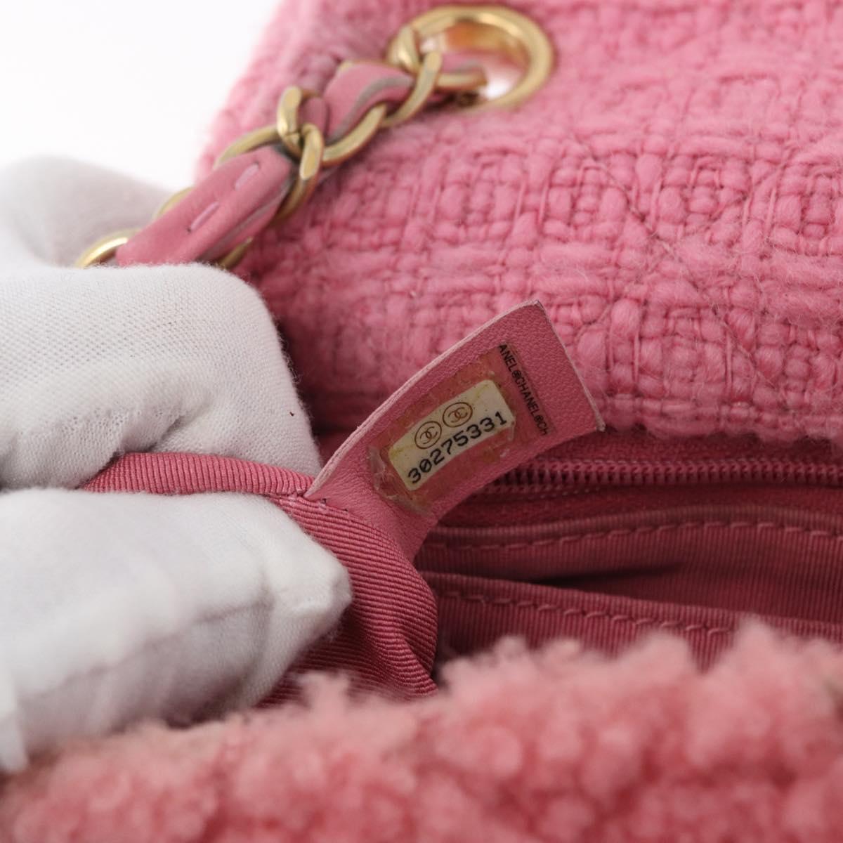 CHANEL Mini Matelasse 15 Chain Shoulder Bag Wool Pink Gold CC Auth 173407SAM