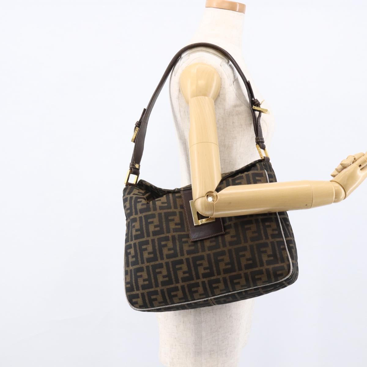 FENDI Zucca Canvas Shoulder Bag Brown Black Auth 173418