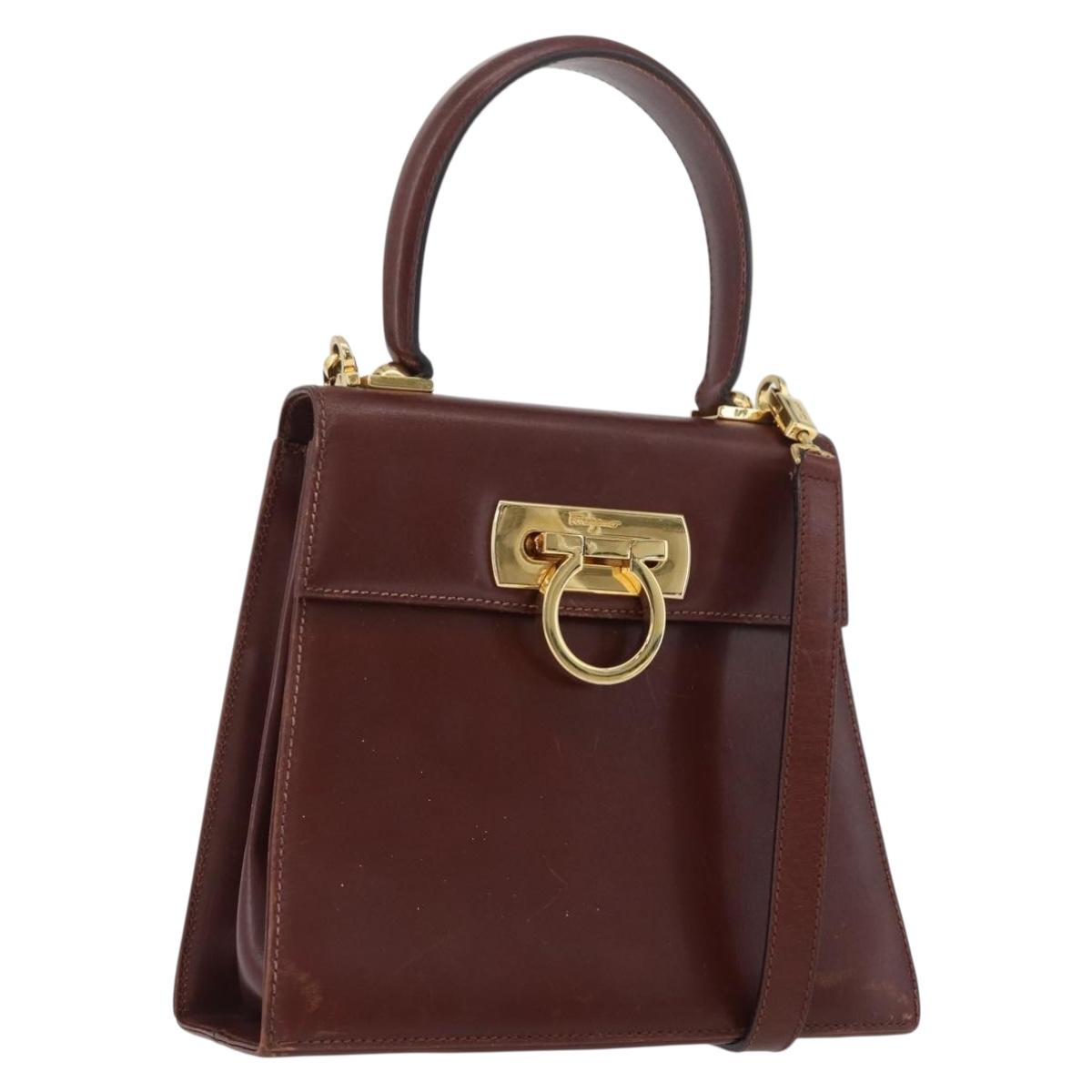 Salvatore Ferragamo Gancini Hand Bag Leather 2way Brown Gold Auth 173424