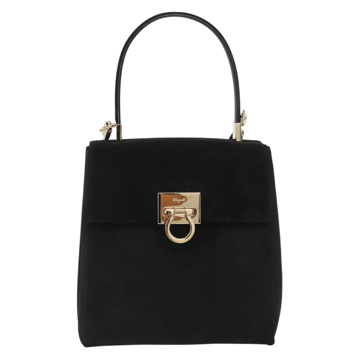 Salvatore Ferragamo Gancini Hand Bag Suede 2way Black Gold Auth 173432
