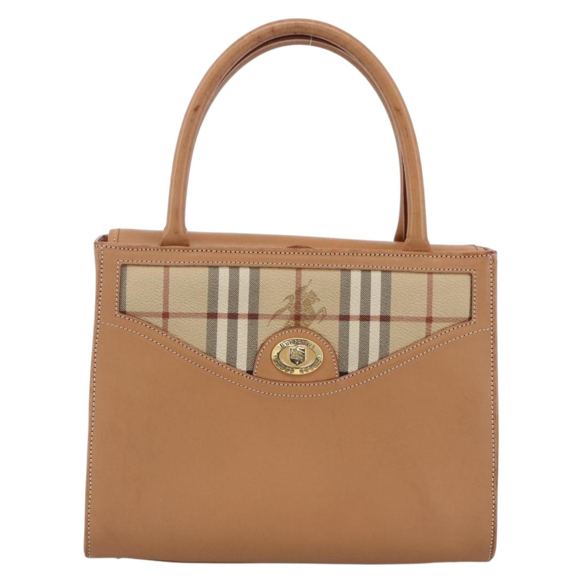 Burberrys Nova Check Hand Bag Leather Beige Gold Auth 173439