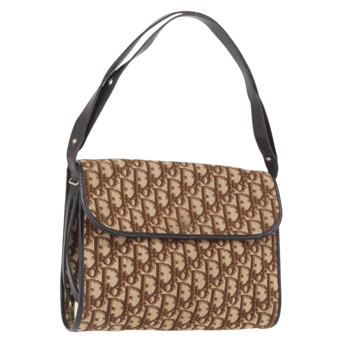 Christian Dior Trotter Canvas Shoulder Bag Beige Gold Auth 173448