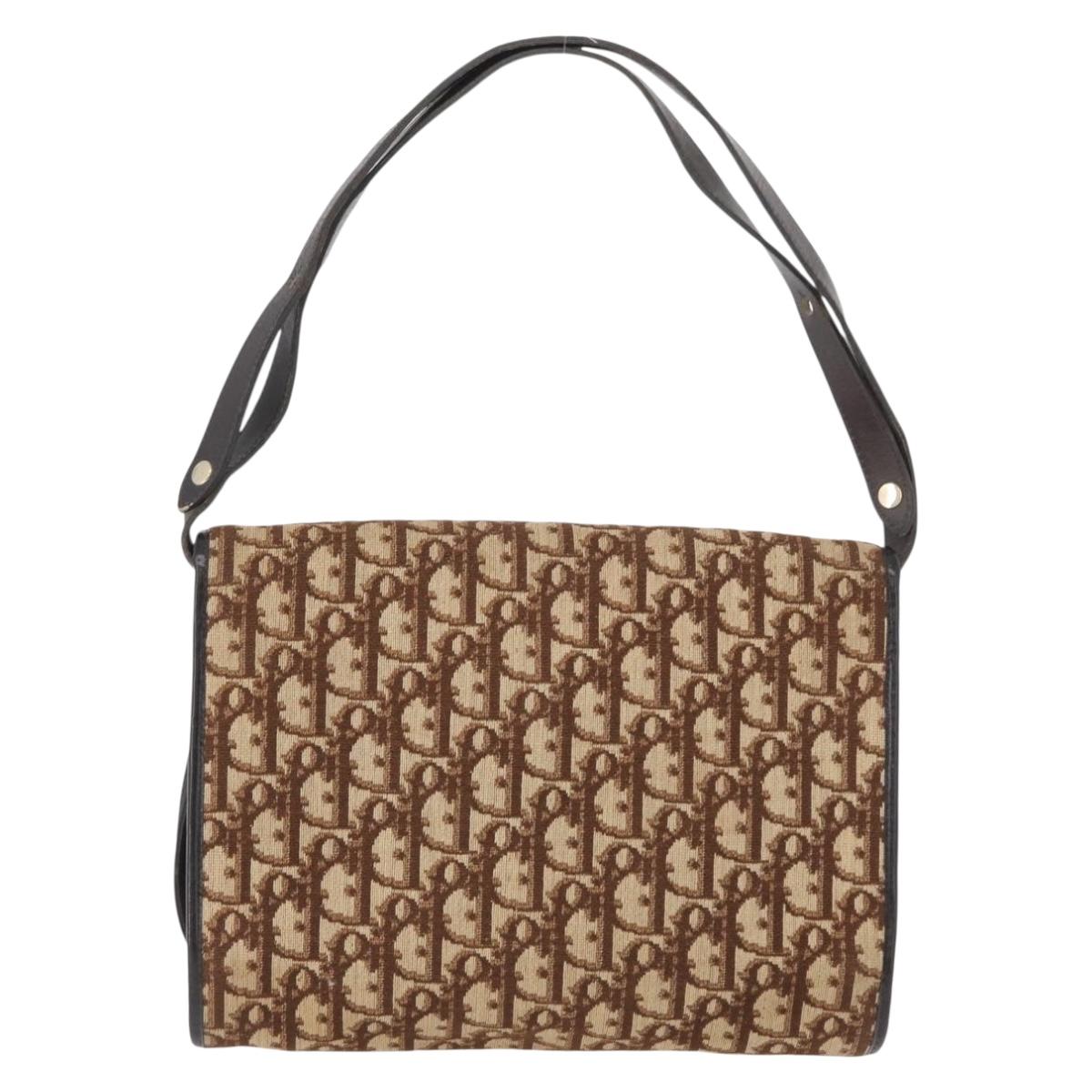 Christian Dior Trotter Canvas Shoulder Bag Beige Gold Auth 173448