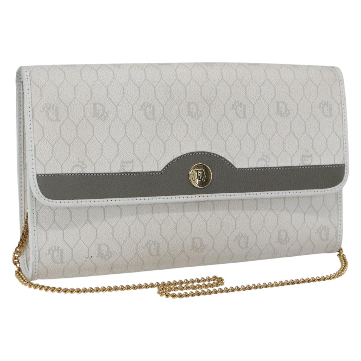 Christian Dior Honeycomb Canvas Chain Shoulder Bag PVC White Gold Auth 173462