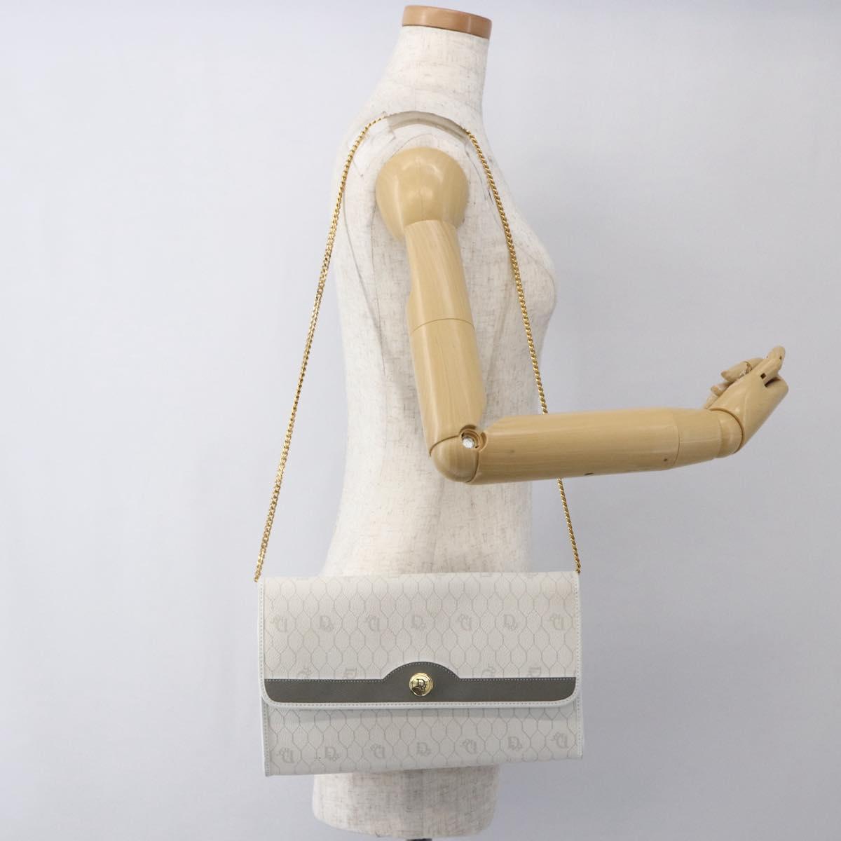 Christian Dior Honeycomb Canvas Chain Shoulder Bag PVC White Gold Auth 173462