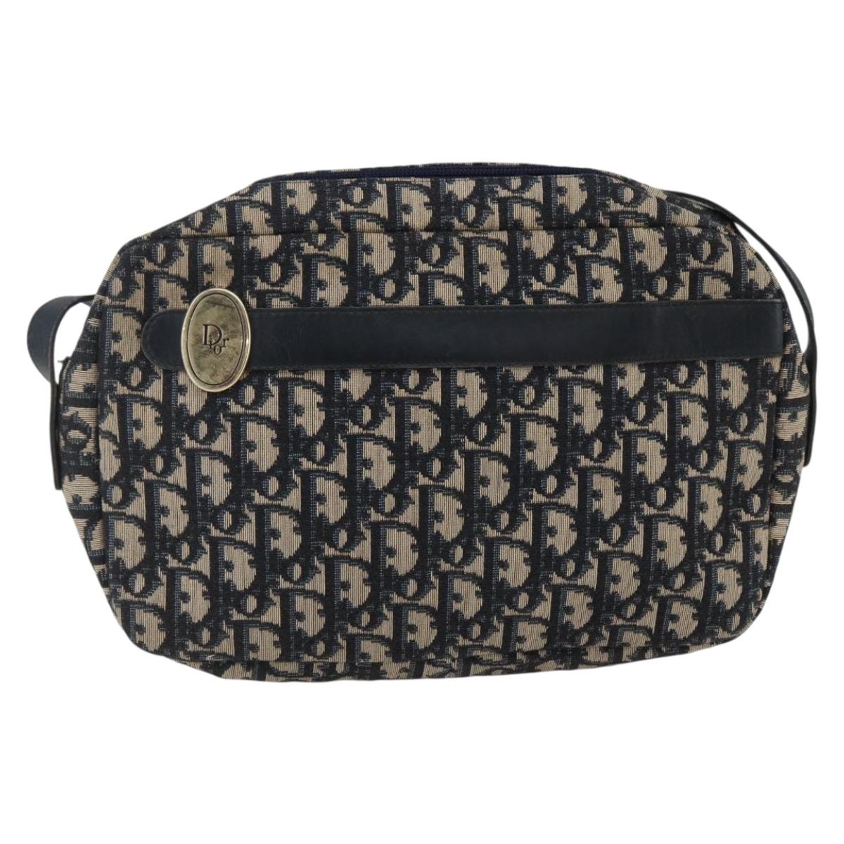Christian Dior Trotter Canvas Shoulder Bag Navy Gold Auth 173463
