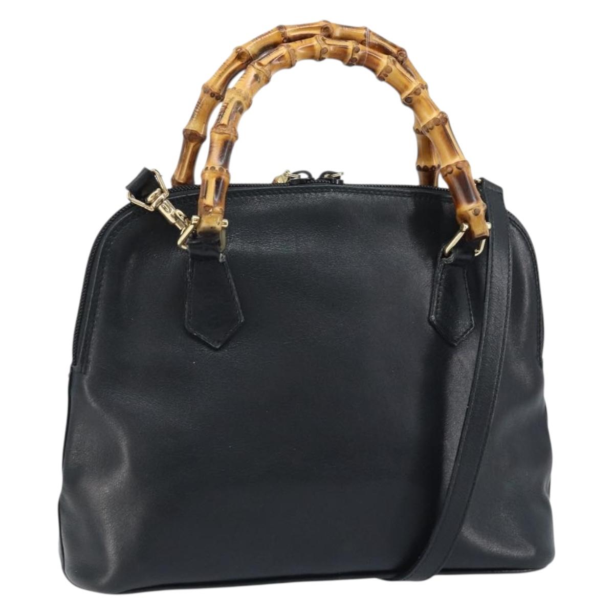 GUCCI Bamboo Hand Bag Leather 2way Black Gold 000 2122 0290 Auth 173468