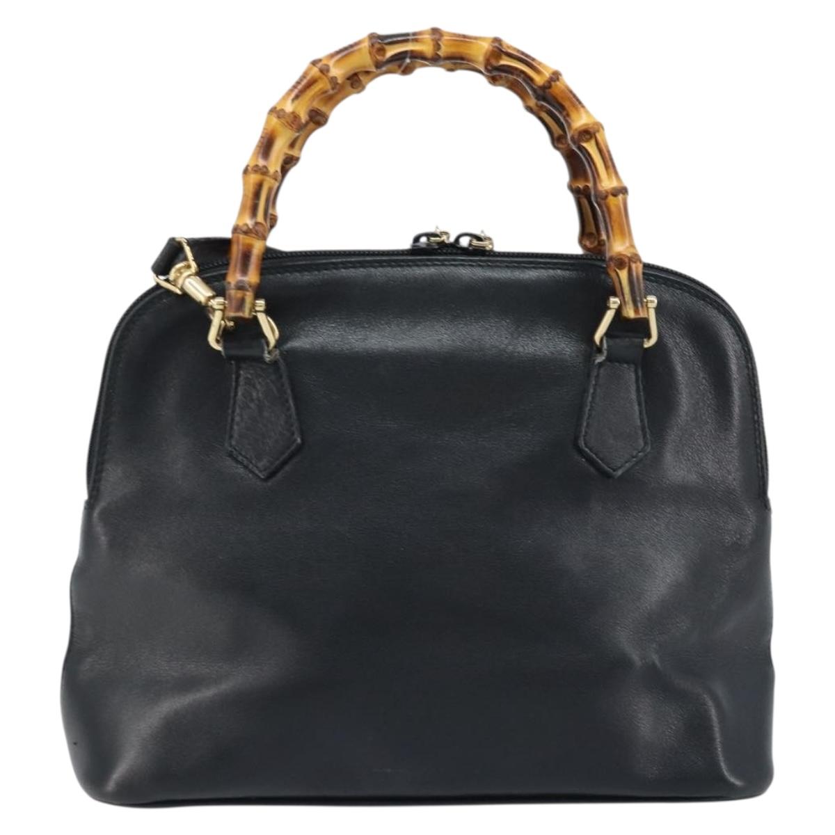 GUCCI Bamboo Hand Bag Leather 2way Black Gold 000 2122 0290 Auth 173468