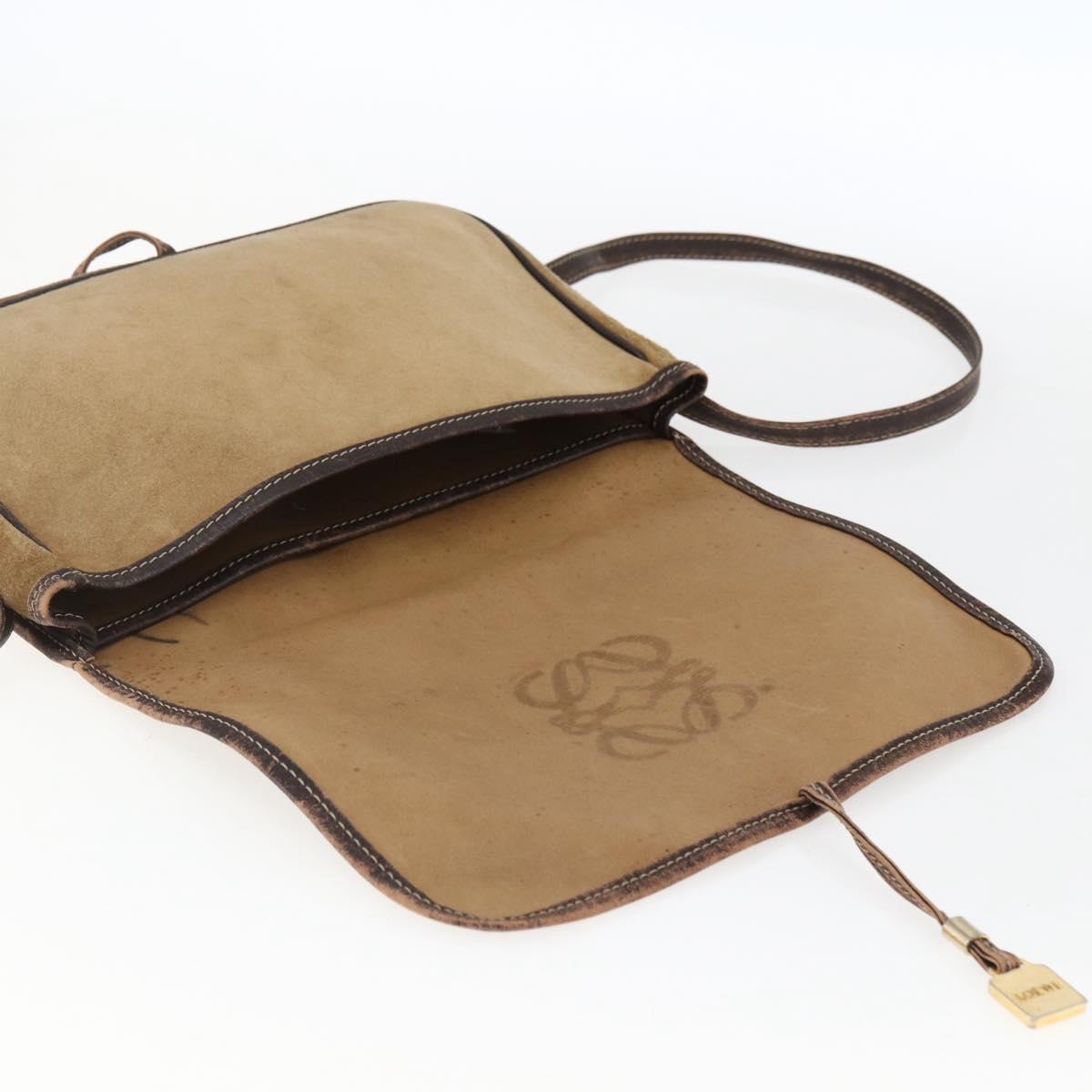 LOEWE anagram Shoulder Bag Suede Brown Gold Auth 173473