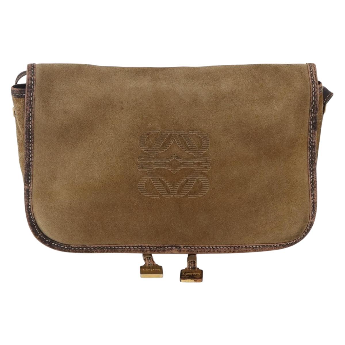 LOEWE anagram Shoulder Bag Suede Brown Gold Auth 173473