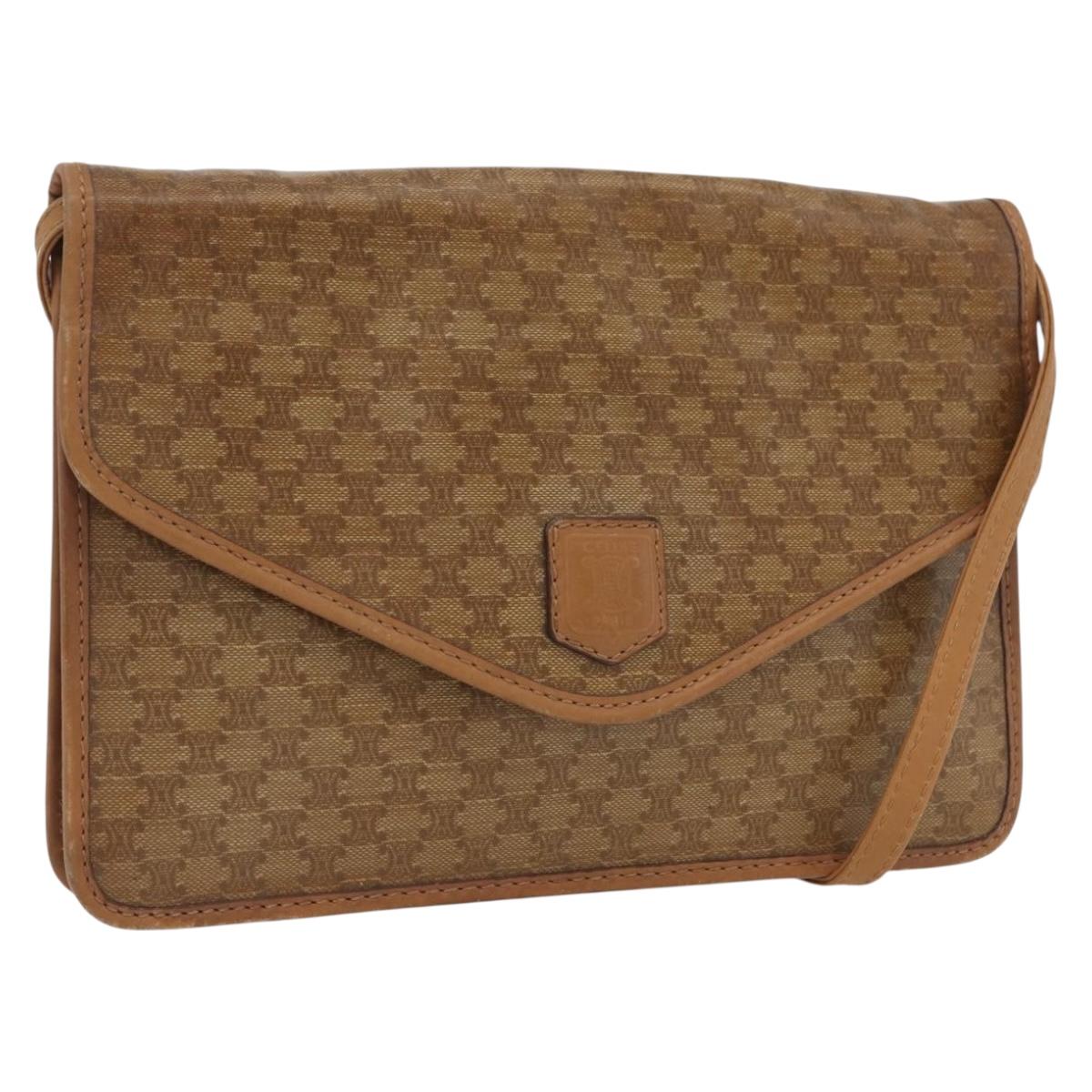 CELINE Macadam Canvas Shoulder Bag PVC Leather Beige Gold Auth 173484