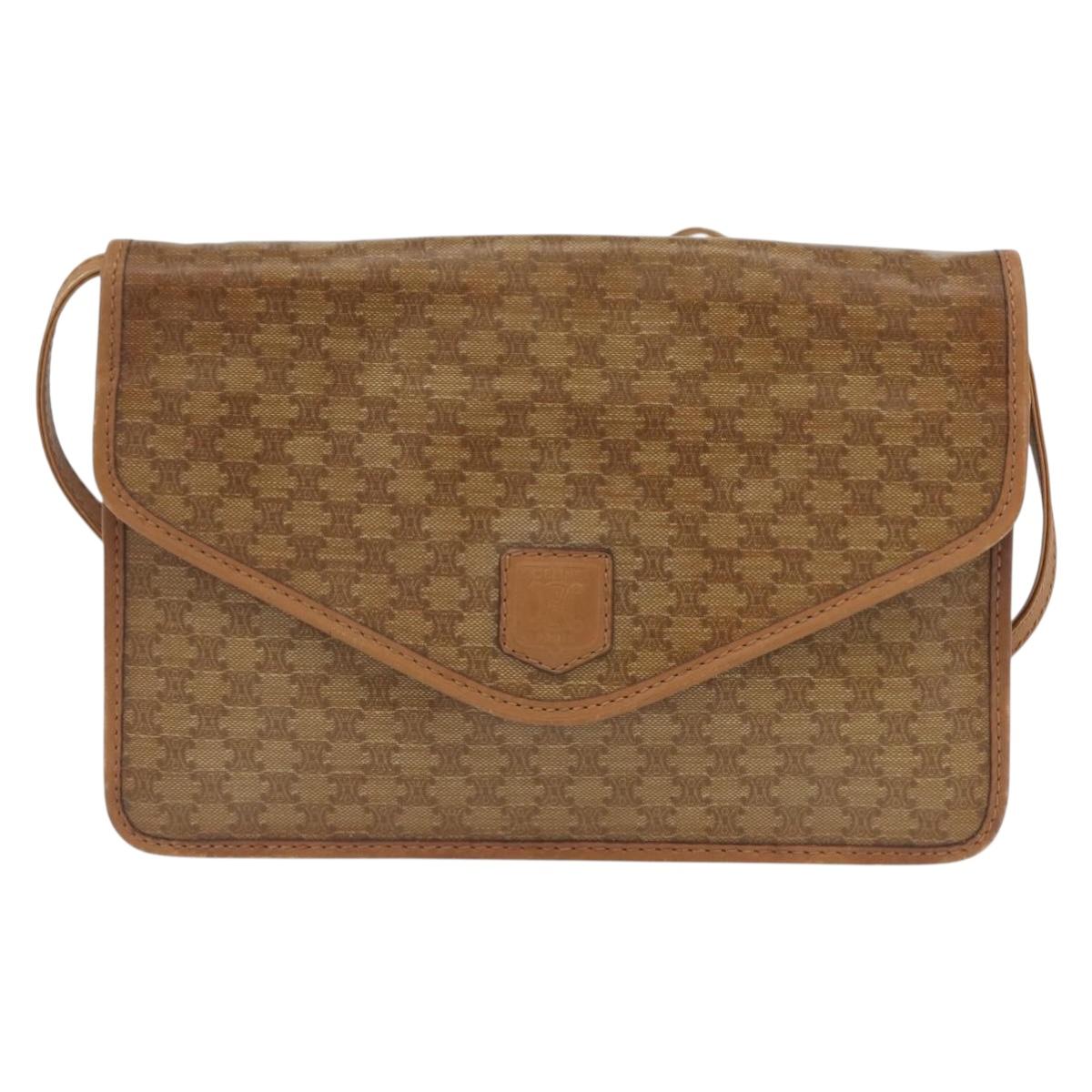 CELINE Macadam Canvas Shoulder Bag PVC Leather Beige Gold Auth 173484