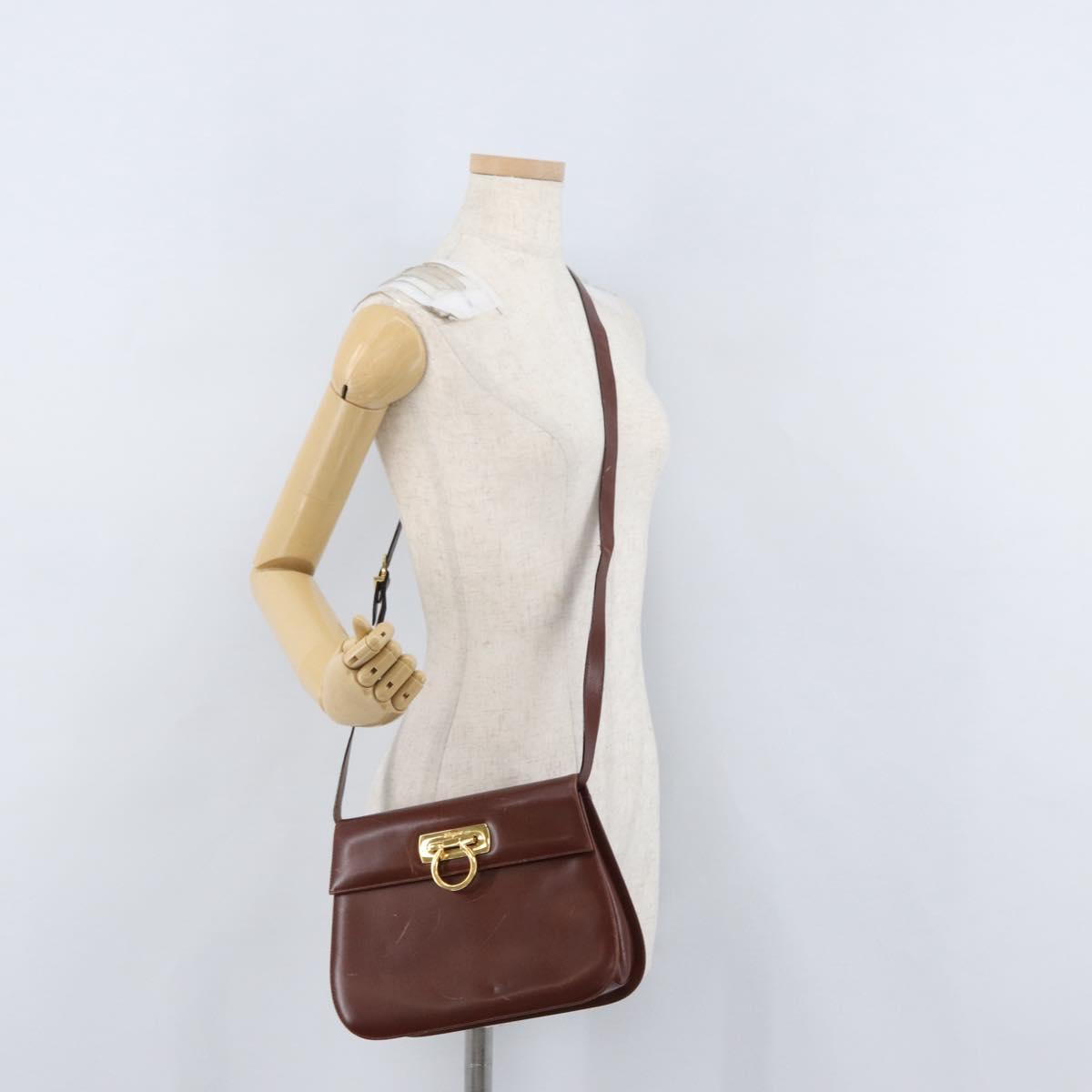 Salvatore Ferragamo Gancini Shoulder Bag Leather Brown Gold Auth 173491