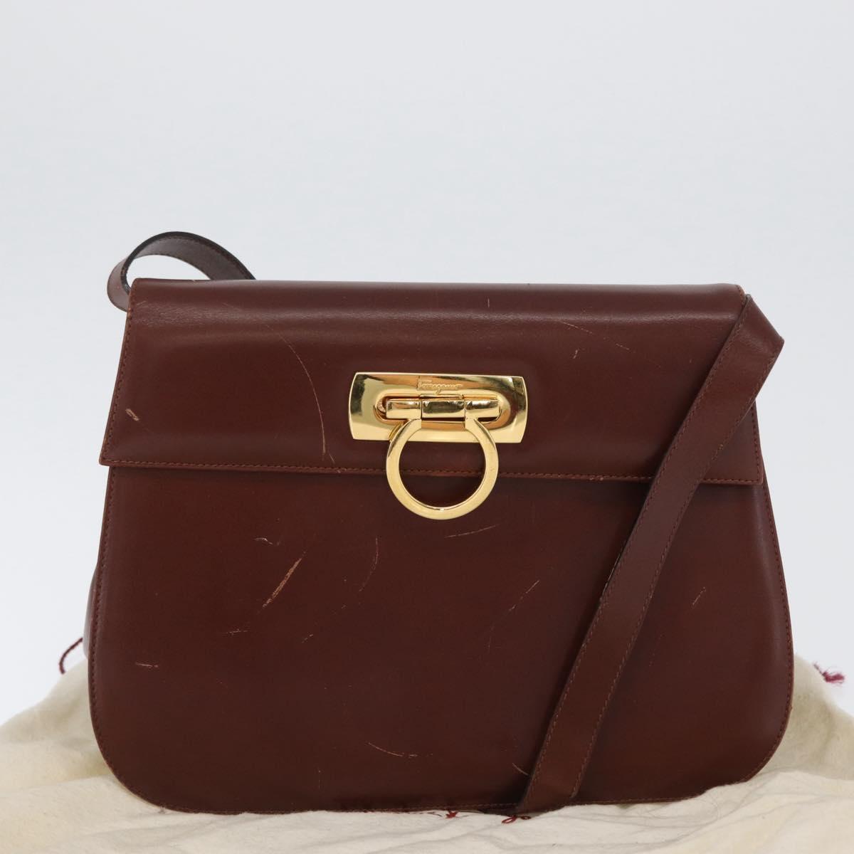 Salvatore Ferragamo Gancini Shoulder Bag Leather Brown Gold Auth 173491