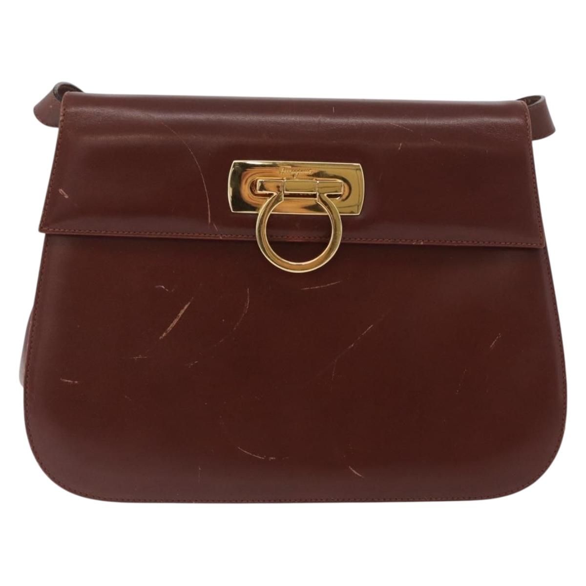 Salvatore Ferragamo Gancini Shoulder Bag Leather Brown Gold Auth 173491