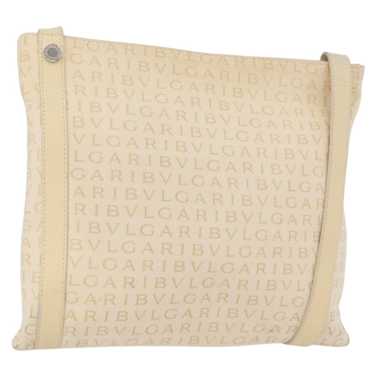 BVLGARI Logo Mania Shoulder Bag Canvas Beige Silver Auth 173495