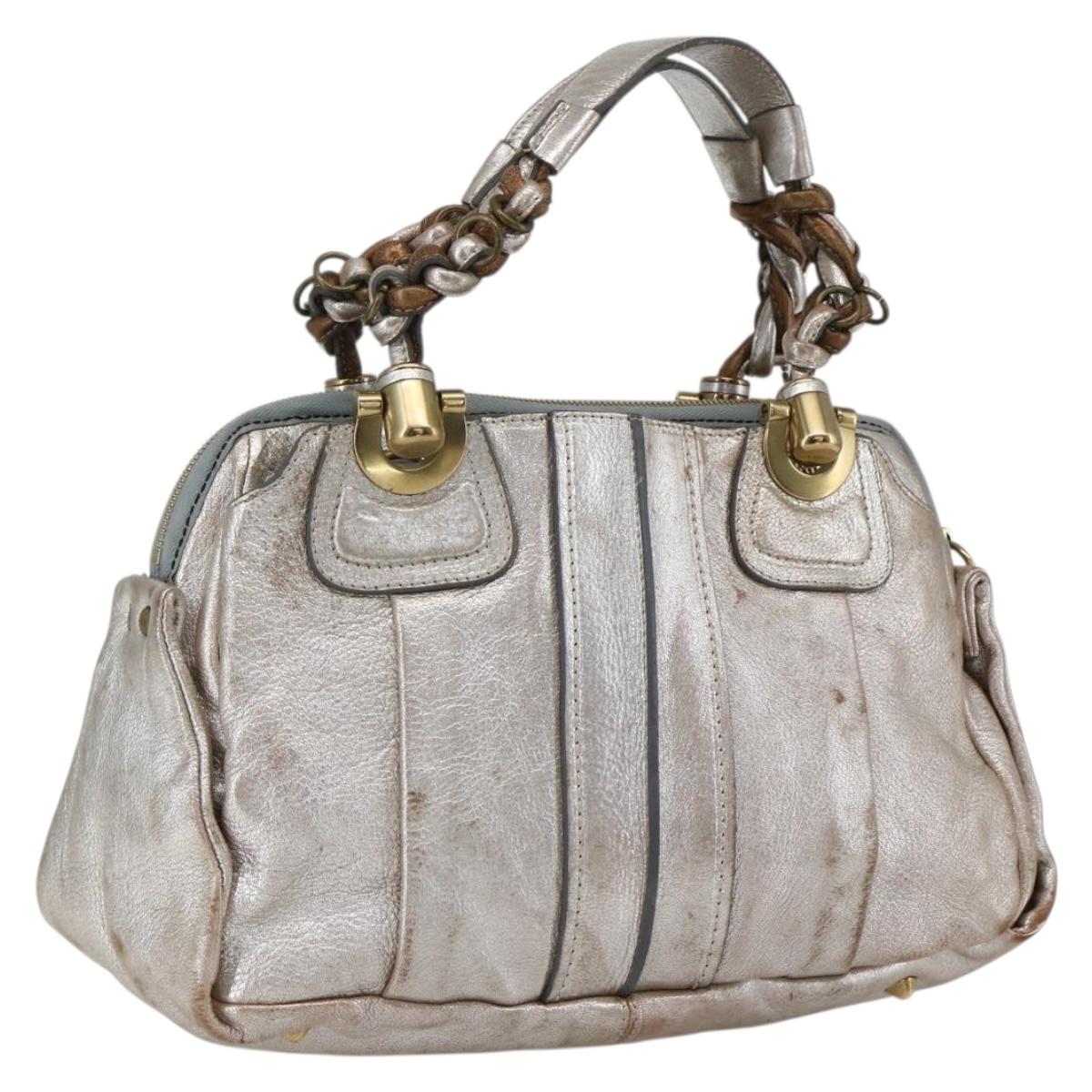Chloe Hand Bag Leather Silver gold Auth 173521