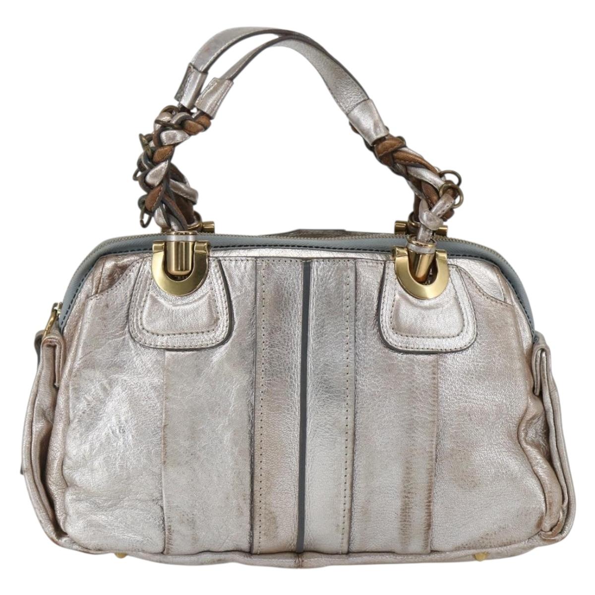 Chloe Hand Bag Leather Silver gold Auth 173521