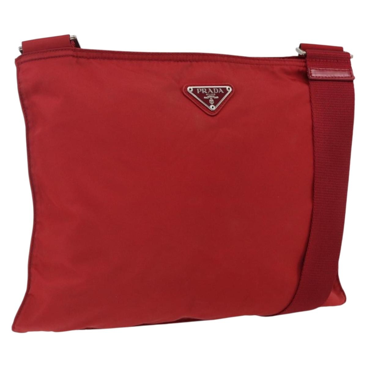 PRADA Shoulder Bag Nylon Red Silver Auth 173524