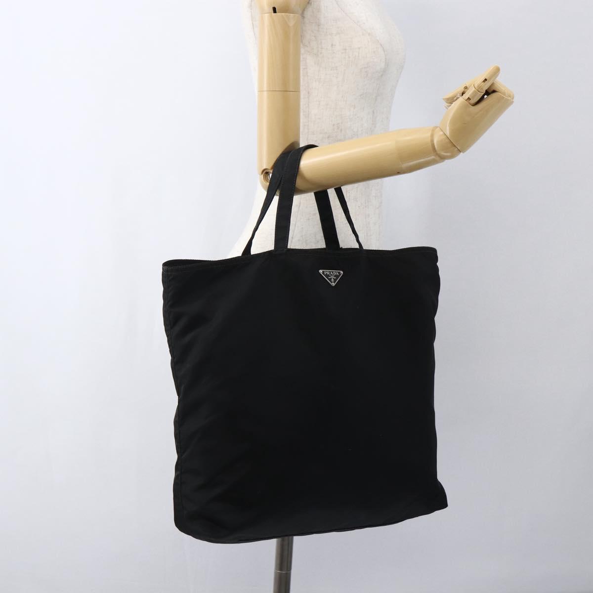 PRADA Tote Bag Nylon Black Silver Auth 173530