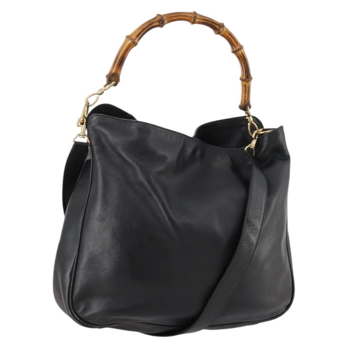 GUCCI Bamboo Hand Bag Leather 2way Black Gold 001 1998 1577 Auth 173531