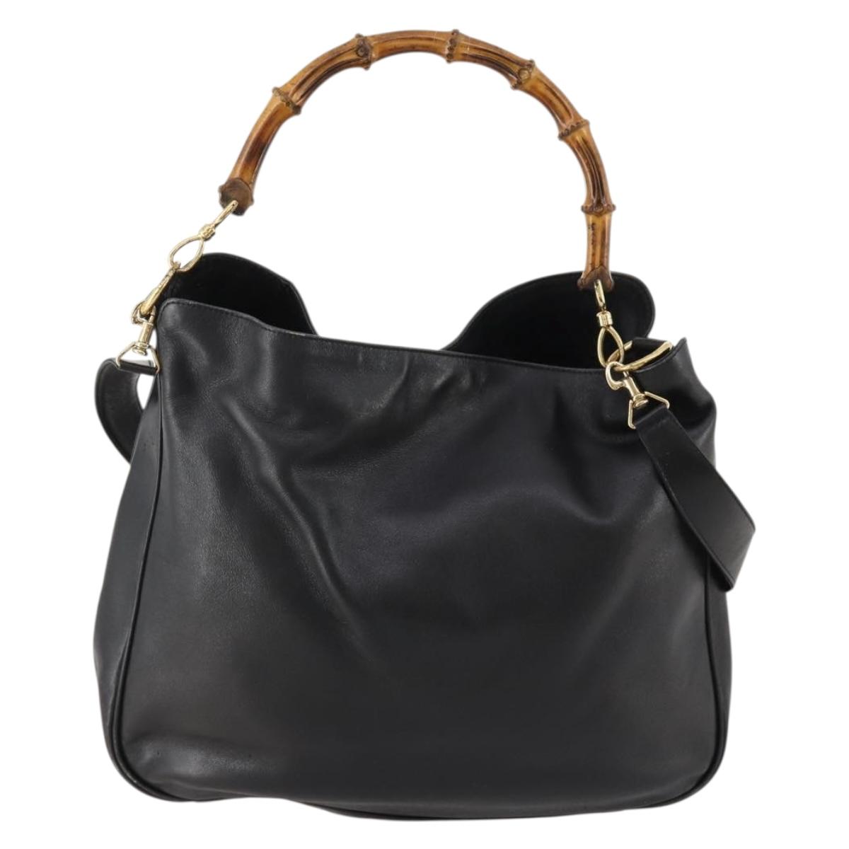 GUCCI Bamboo Hand Bag Leather 2way Black Gold 001 1998 1577 Auth 173531