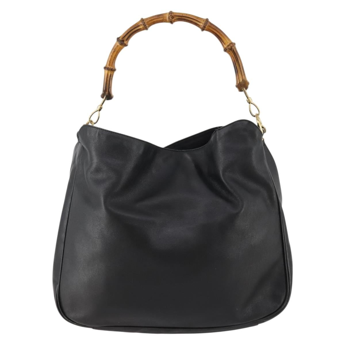 GUCCI Bamboo Hand Bag Leather 2way Black Gold 001 1998 1577 Auth 173531