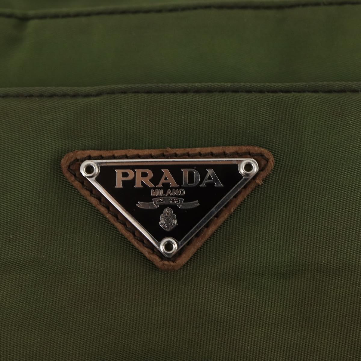 PRADA Shoulder Bag Nylon Leather Khaki Brown Silver Auth 173537