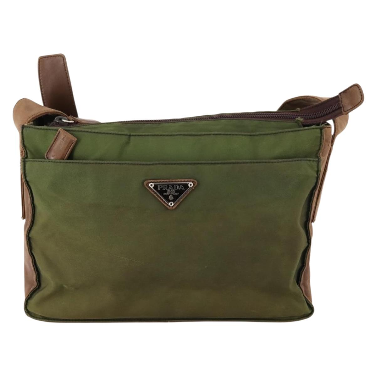 PRADA Shoulder Bag Nylon Leather Khaki Brown Silver Auth 173537