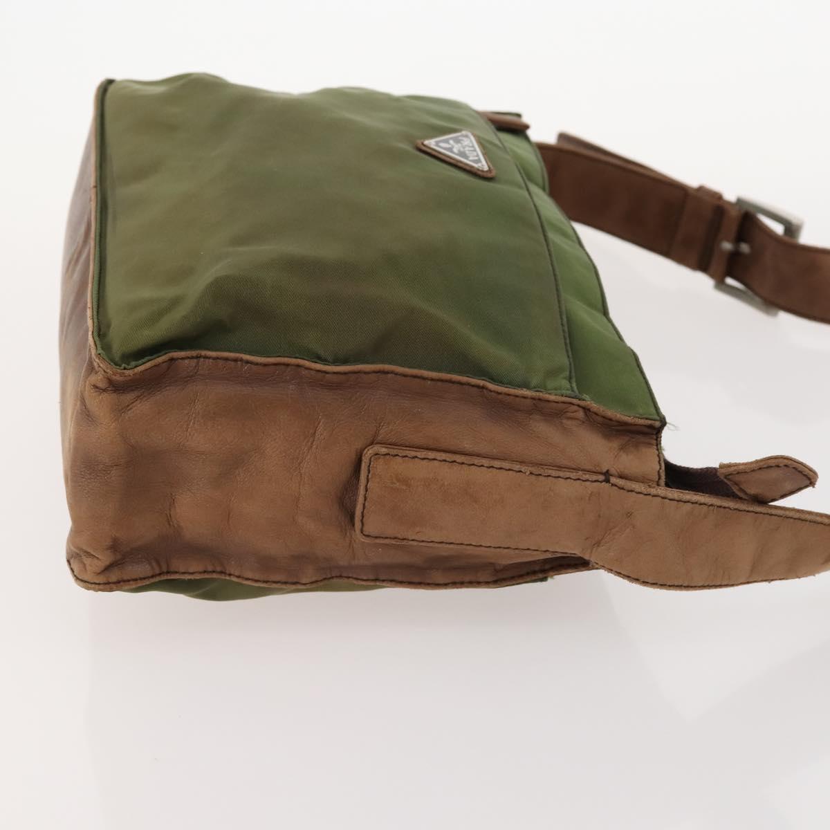 PRADA Shoulder Bag Nylon Leather Khaki Brown Silver Auth 173537