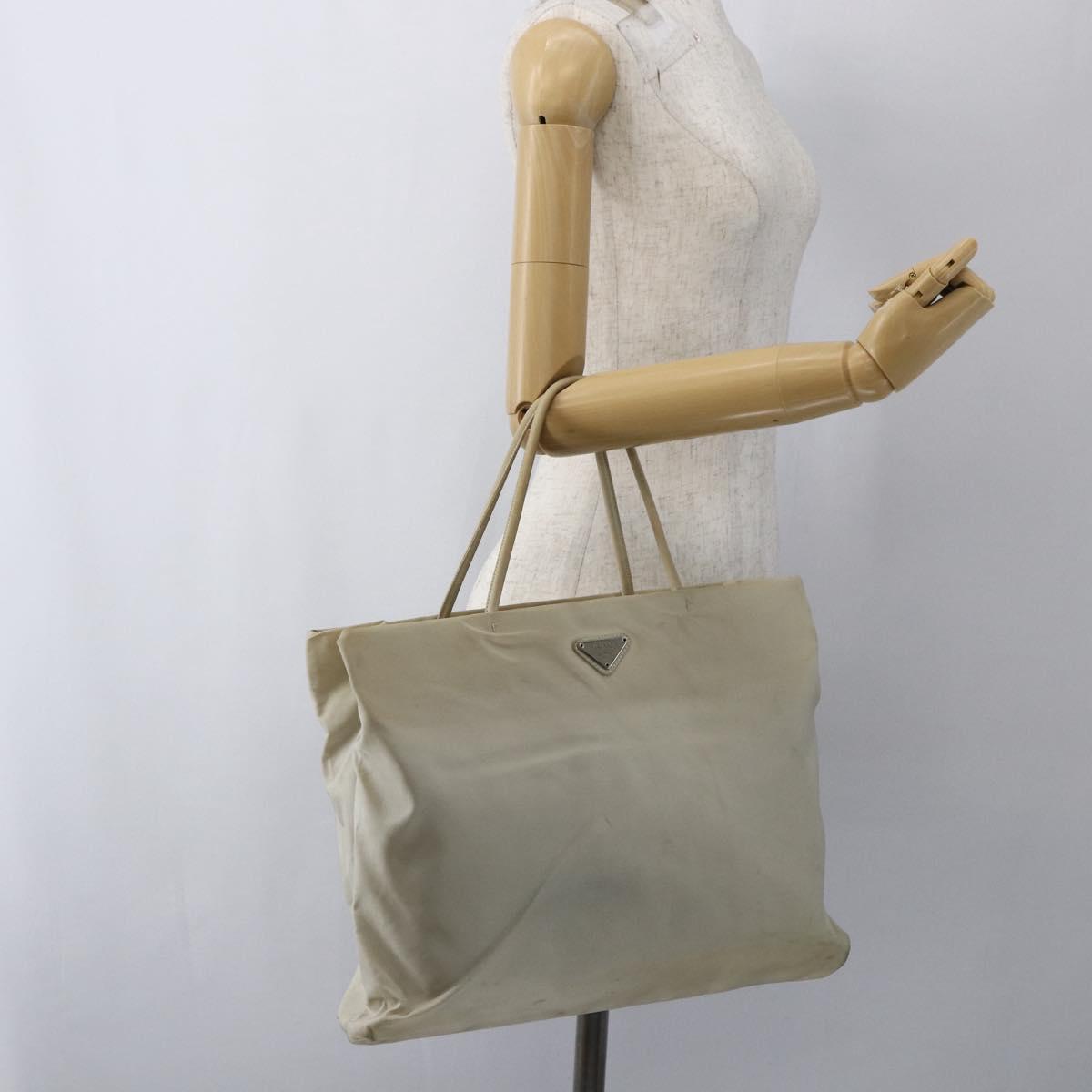 PRADA Tote Bag Nylon Beige Silver Auth 173539