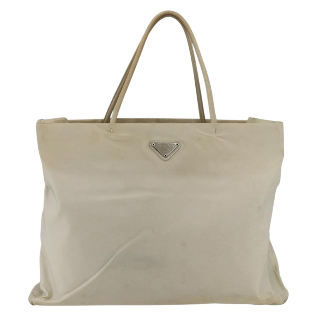 PRADA Tote Bag Nylon Beige Silver Auth 173539
