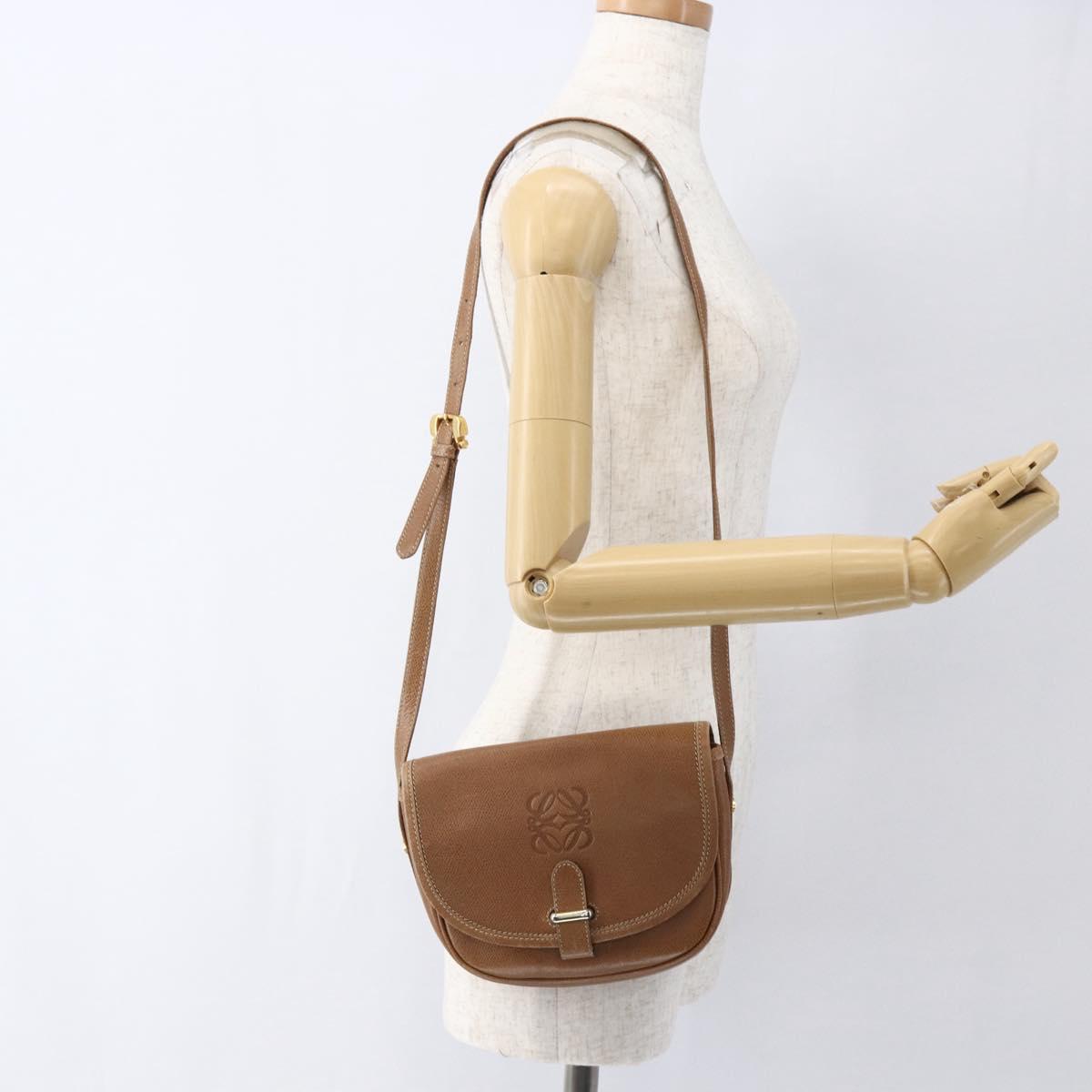 LOEWE Anagram Shoulder Bag Leather Brown Gold Auth 173554