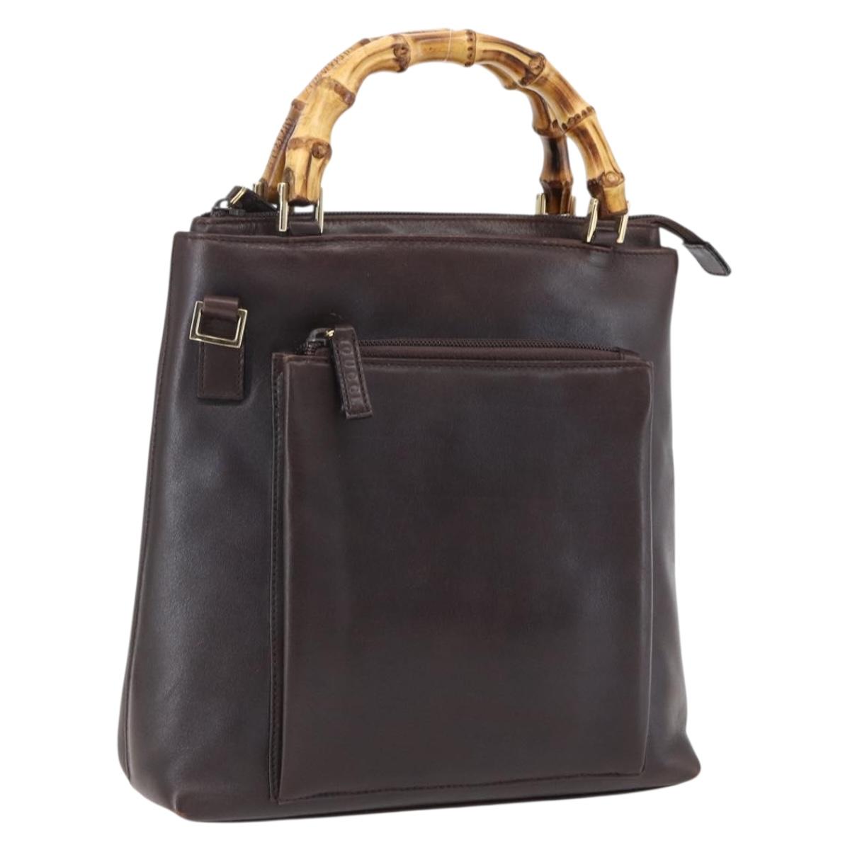 GUCCI Bamboo Hand Bag Leather Dark Brown Gold Auth 173575
