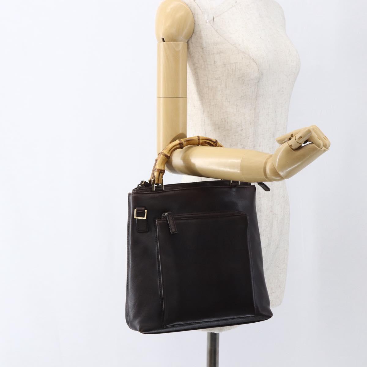 GUCCI Bamboo Hand Bag Leather Dark Brown Gold Auth 173575