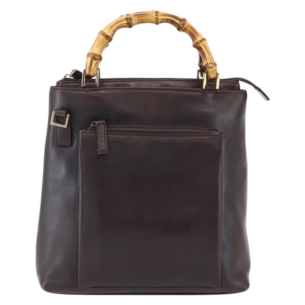 GUCCI Bamboo Hand Bag Leather Dark Brown Gold Auth 173575