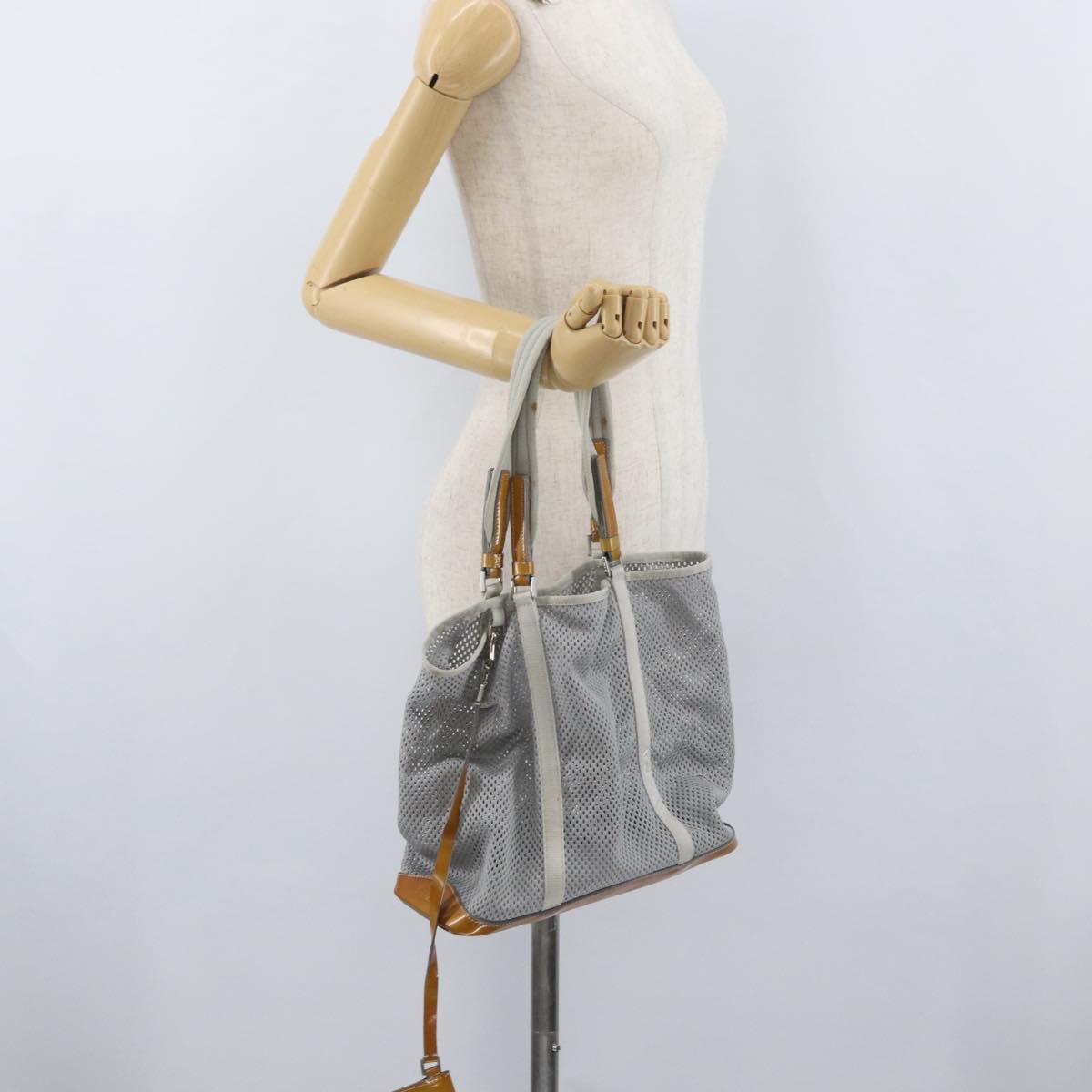 PRADA Mesh Sports Hand Bag Nylon patent leather Gray Silver Auth 173584