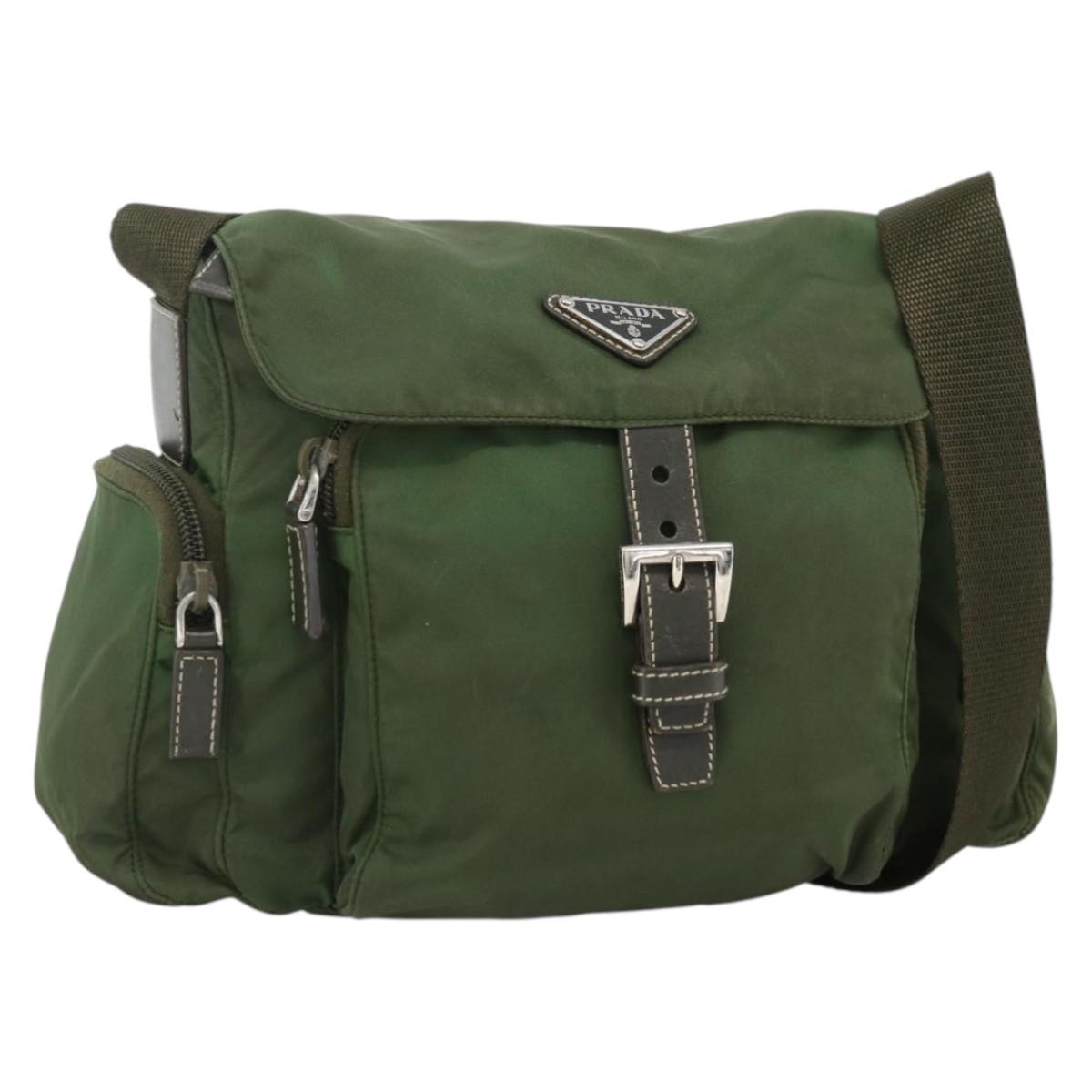 PRADA Shoulder Bag Nylon Khaki Silver Auth 173585