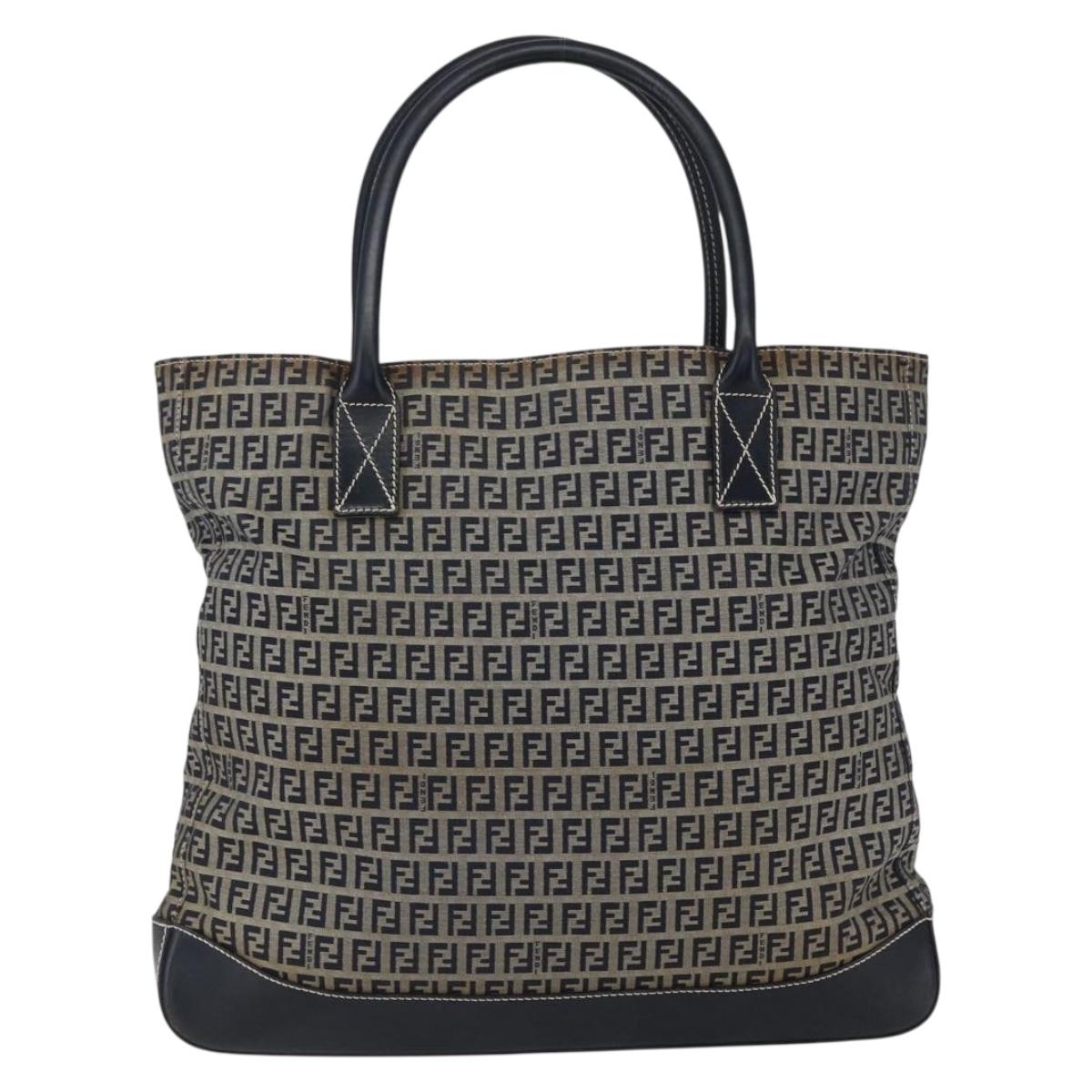 FENDI Zucchino Canvas Tote Bag Navy Silver Auth 173614