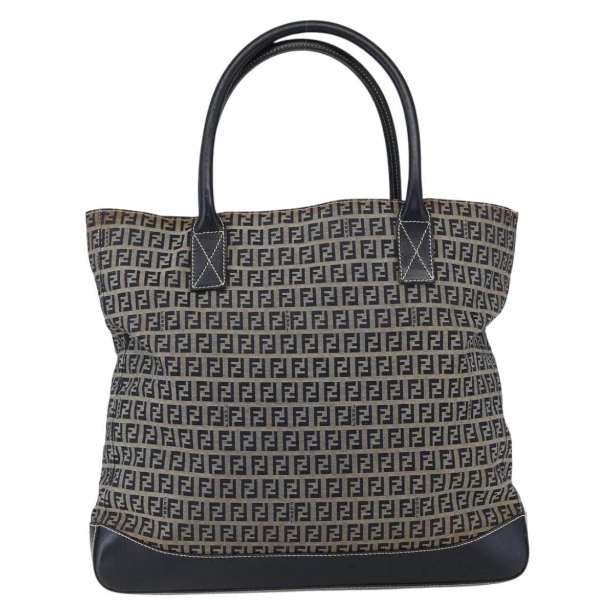 FENDI Zucchino Canvas Tote Bag Navy Silver Auth 173614