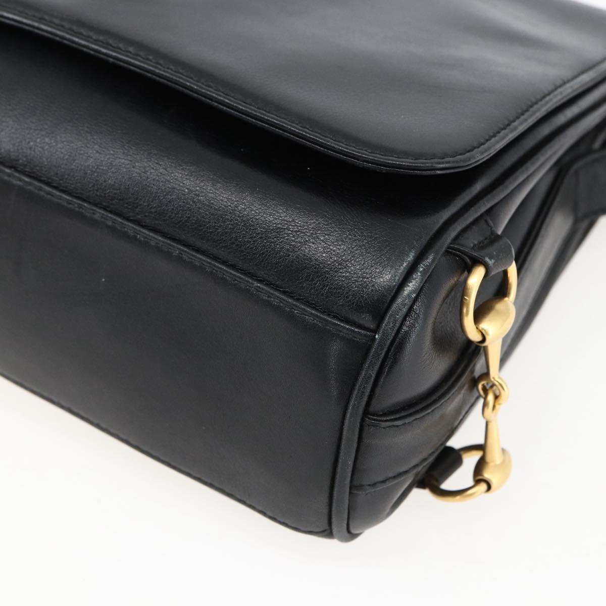 GUCCI Horsebit Shoulder Bag Leather Black Gold Auth 173650