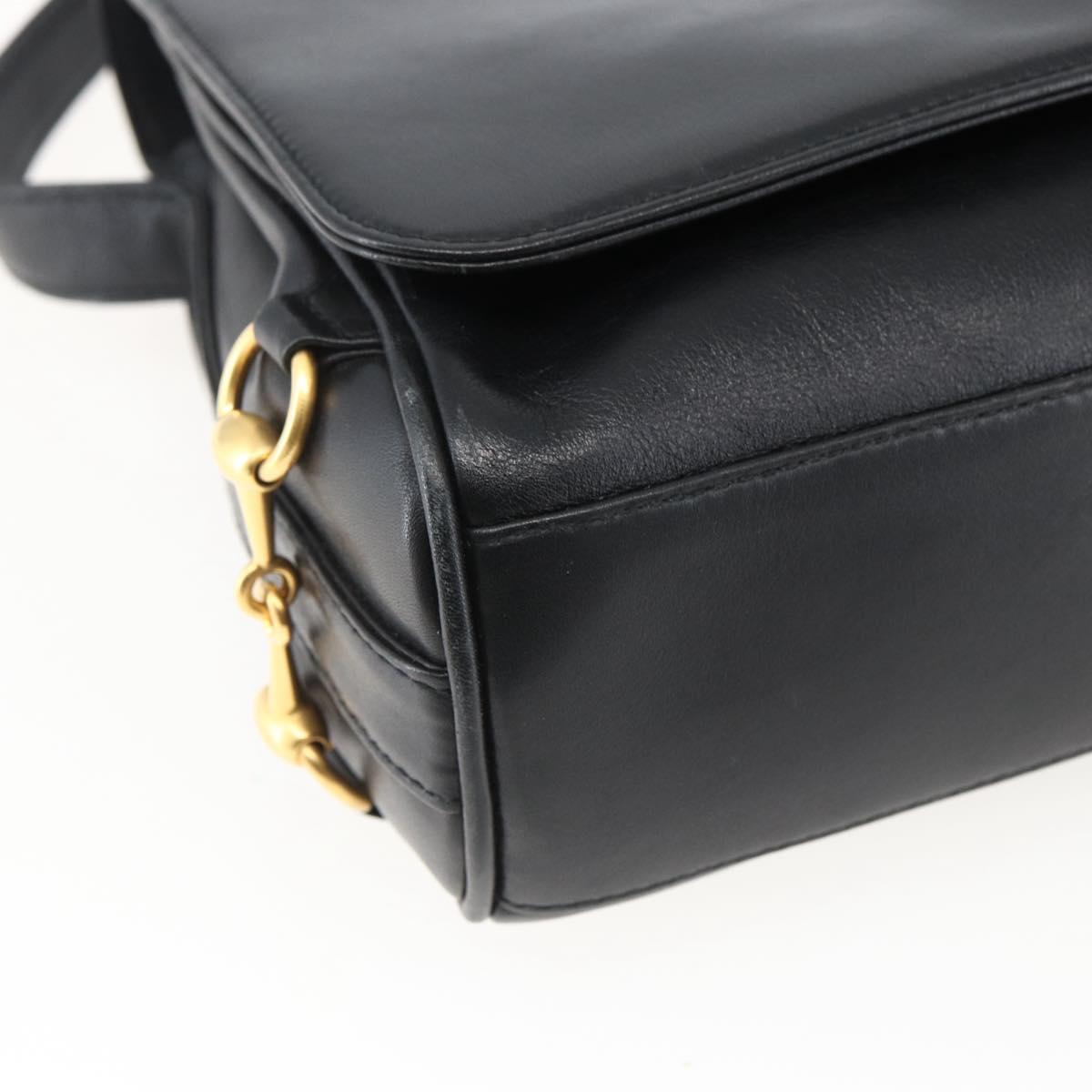 GUCCI Horsebit Shoulder Bag Leather Black Gold Auth 173650