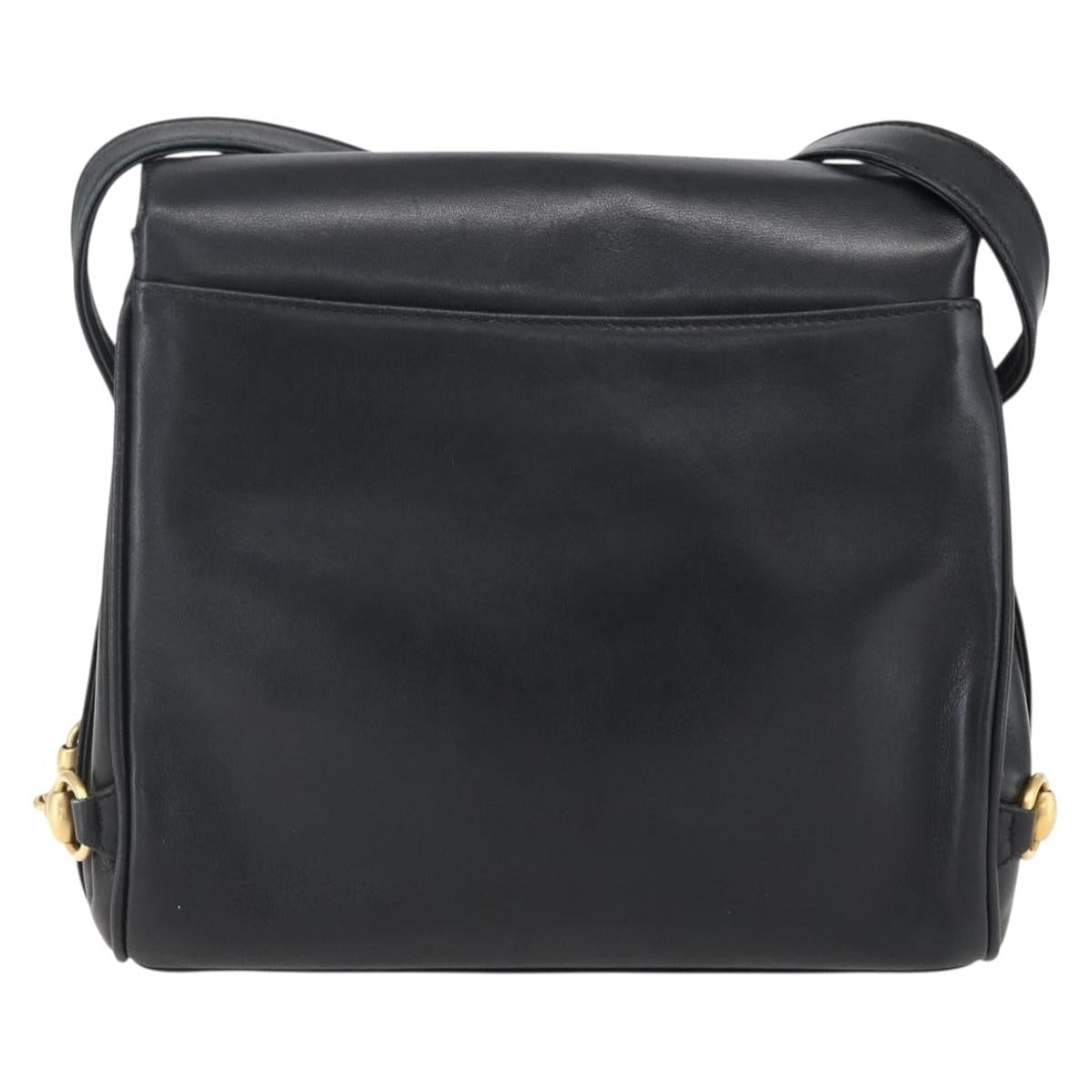 GUCCI Horsebit Shoulder Bag Leather Black Gold Auth 173650