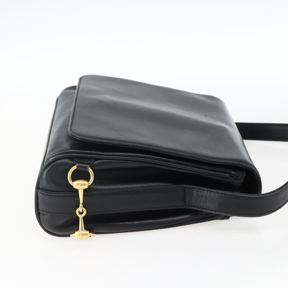 GUCCI Horsebit Shoulder Bag Leather Black Gold Auth 173650