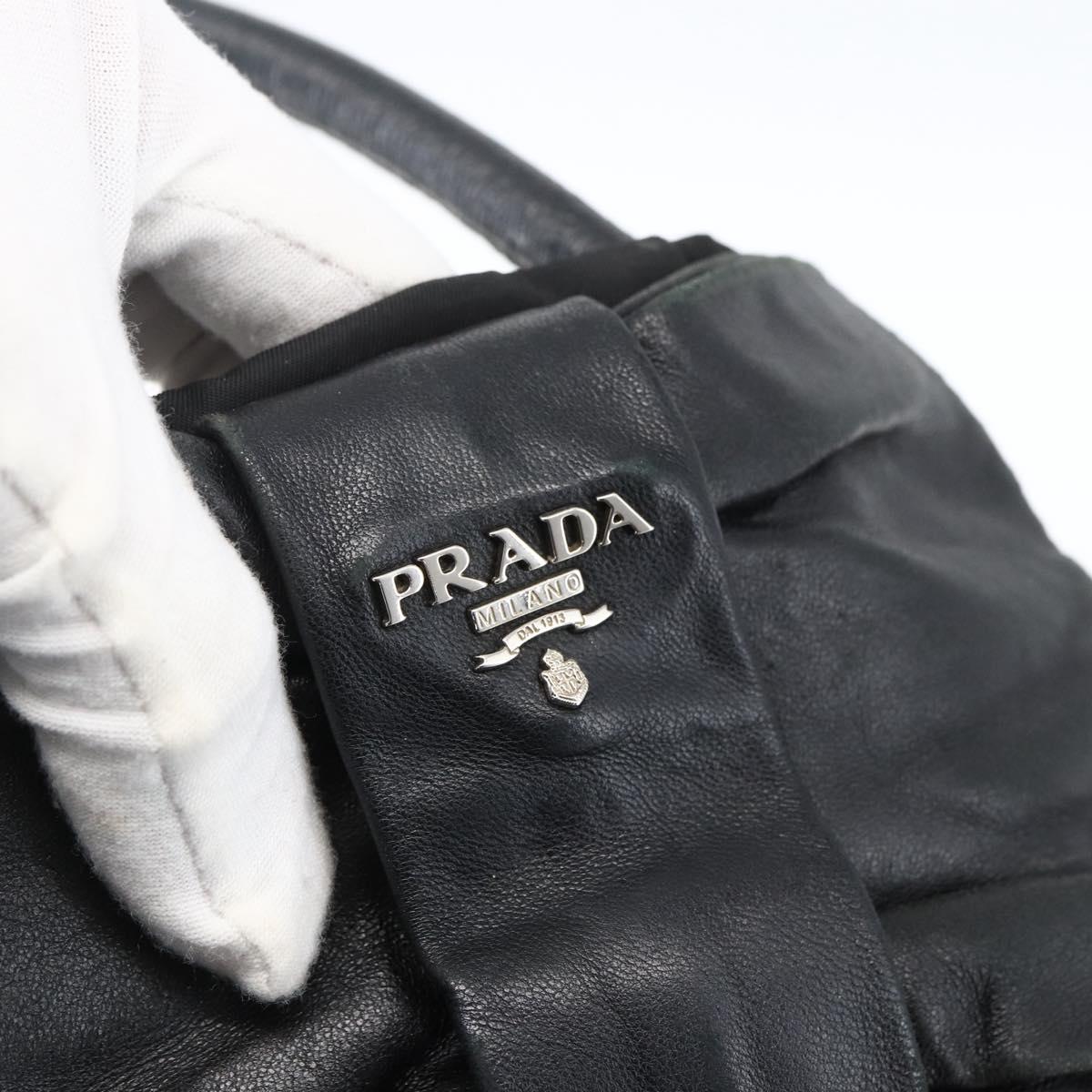 PRADA Ribbon Hand Bag Nylon Leather Black Silver Auth 173676