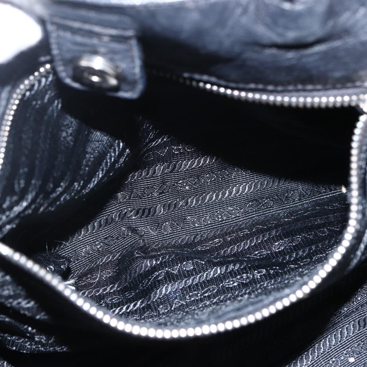 PRADA Ribbon Hand Bag Nylon Leather Black Silver Auth 173676