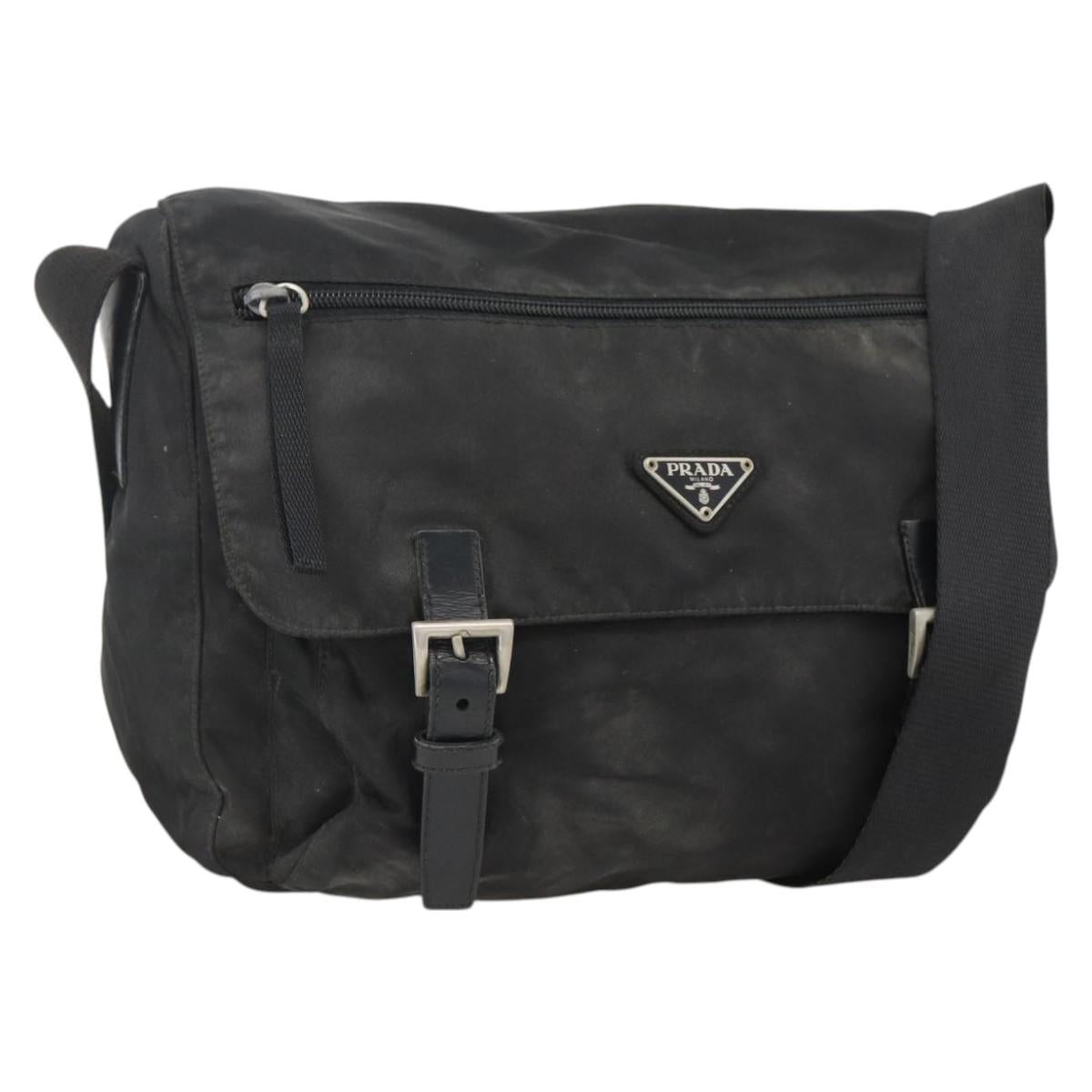 PRADA Shoulder Bag Nylon Black Silver Auth 173677