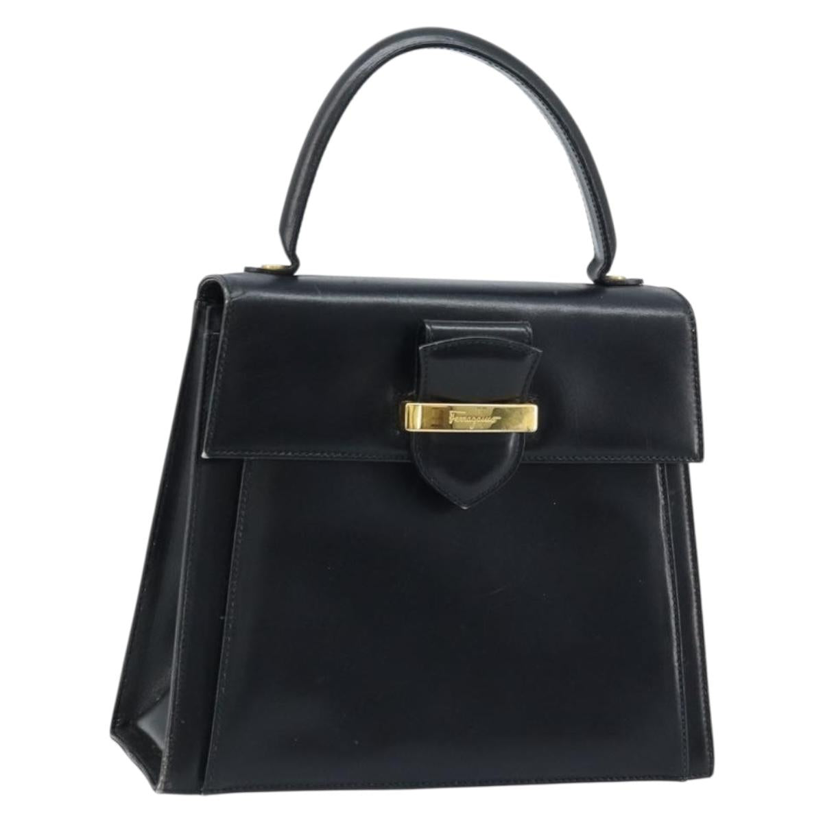Salvatore Ferragamo Hand Bag Leather Black Gold Auth 173690