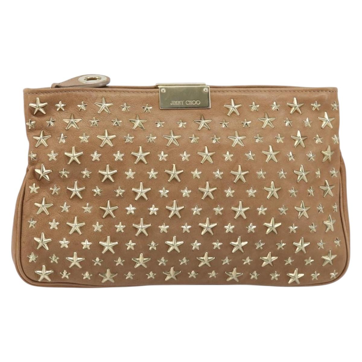 Jimmy Choo Clutch Bag Leather Beige Gold Auth 173692